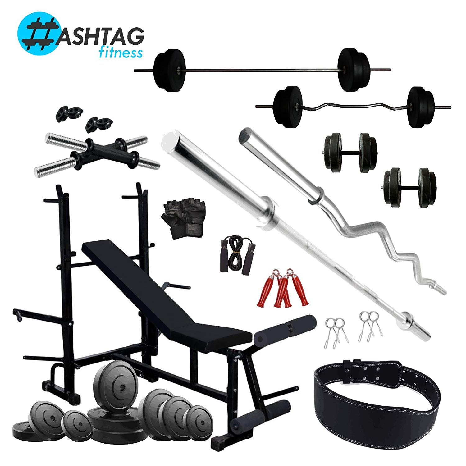 Home gym kit 50 kg rubber with multi gym bench and Belt gym equipments for  men - Hashtag Fitness : Online gym equipments for home