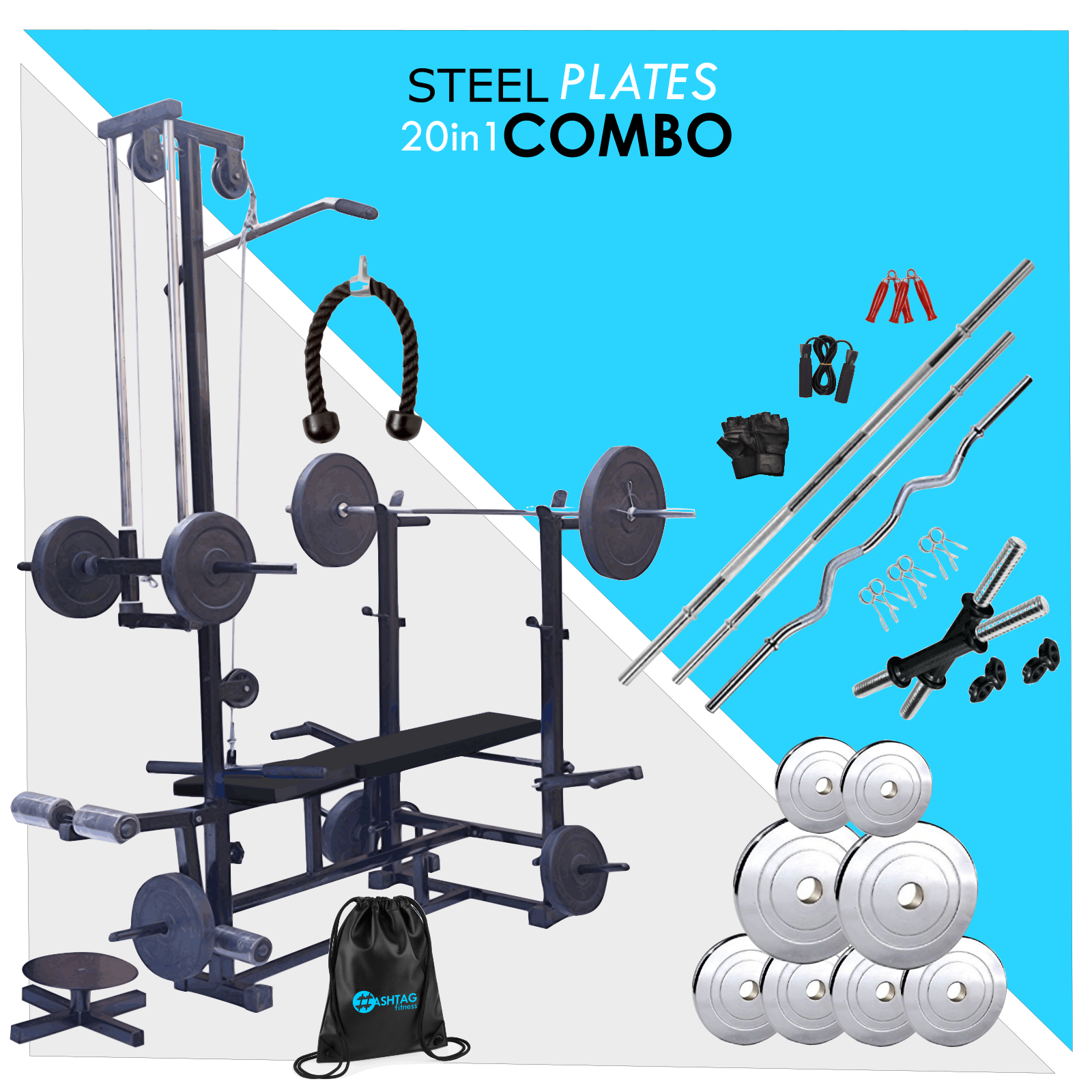 Hashtag Fitness 60kg Gym Equipment Set for Home with 8in1 Gym Bench Press  for Home Workout & Fitness Equipment for Men (20kg)
