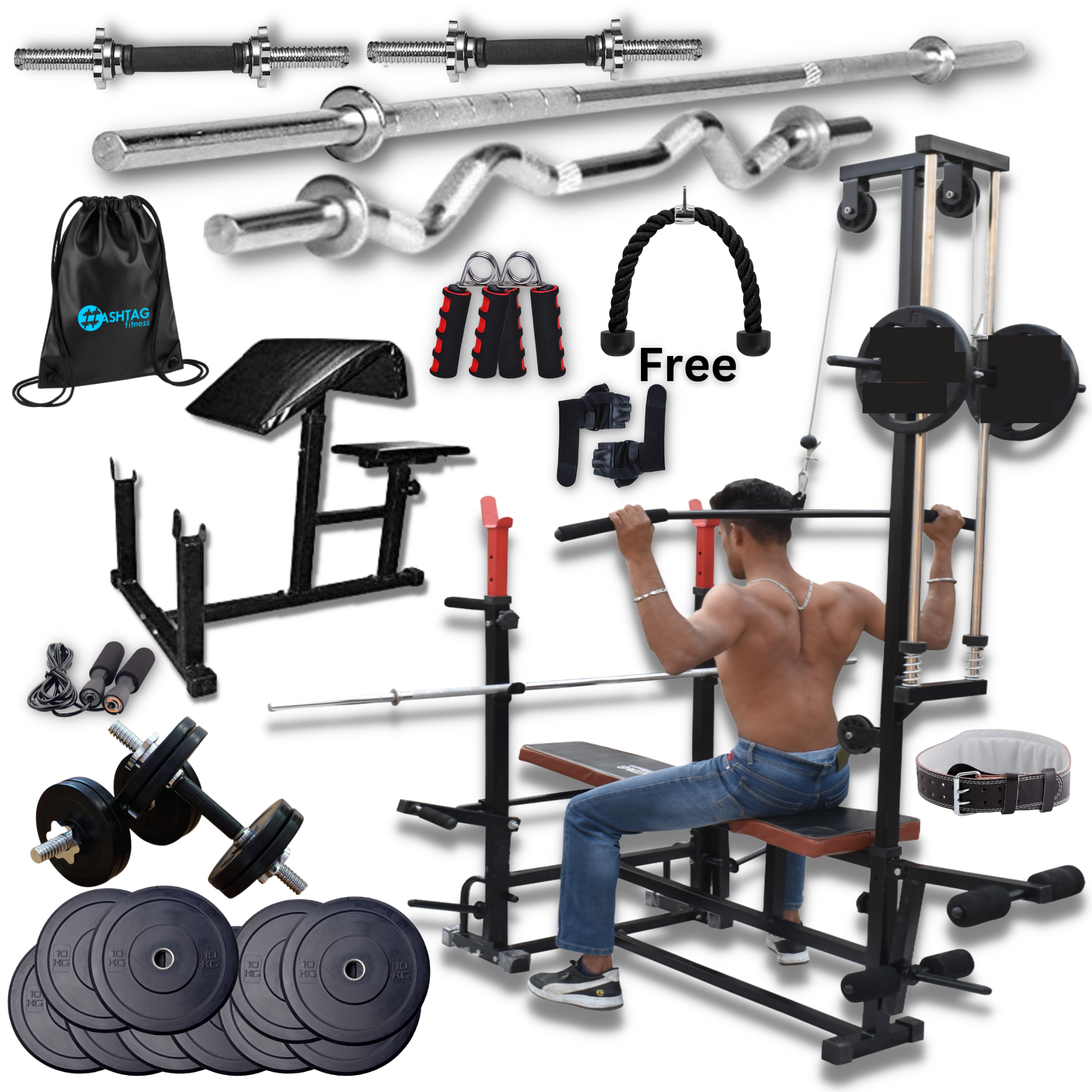 HASHTAG FITNESS 10kg to 60kg Gym Equipment Set for Home Workout Dumbbells  Set for Home Gym for Home with 8in1 Gym Bench for Home Workout