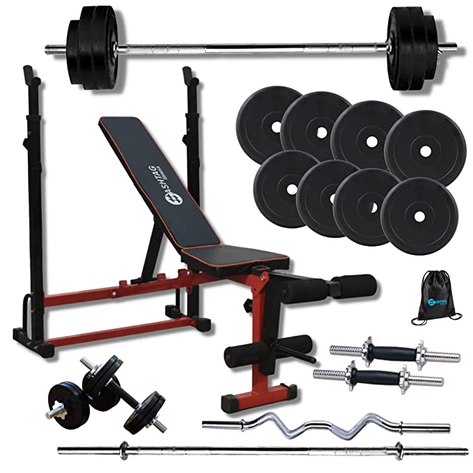 Hashtag Fitness Rubber weights with 6in1 adjustable gym bench press and  barbells