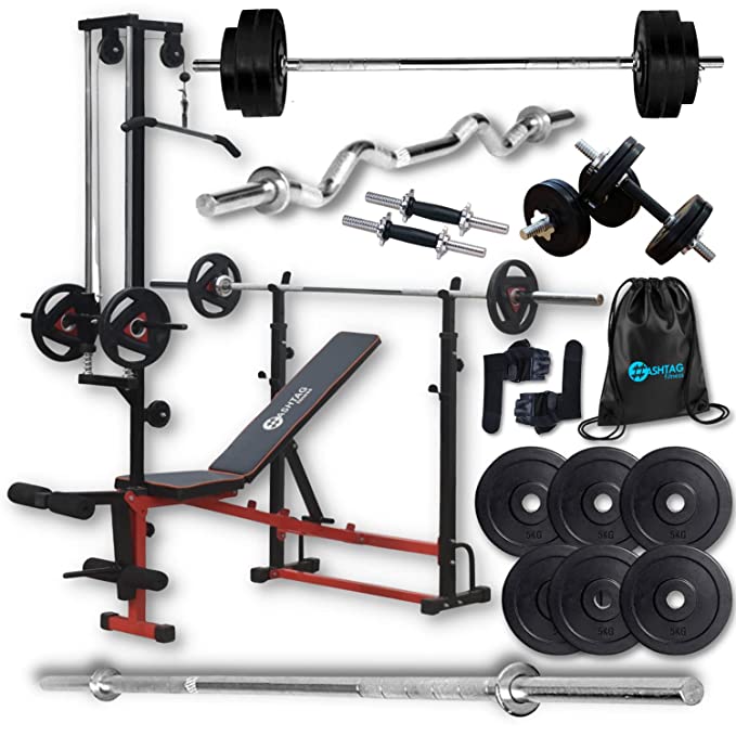 Hashtag Fitness adjustable barbell rack 16in1 gym bench for home workout  with latpull down,20kg to 100kg rubber weights,6ft gym barbells gym equipment  set for home & home gym set (50) - Hashtag