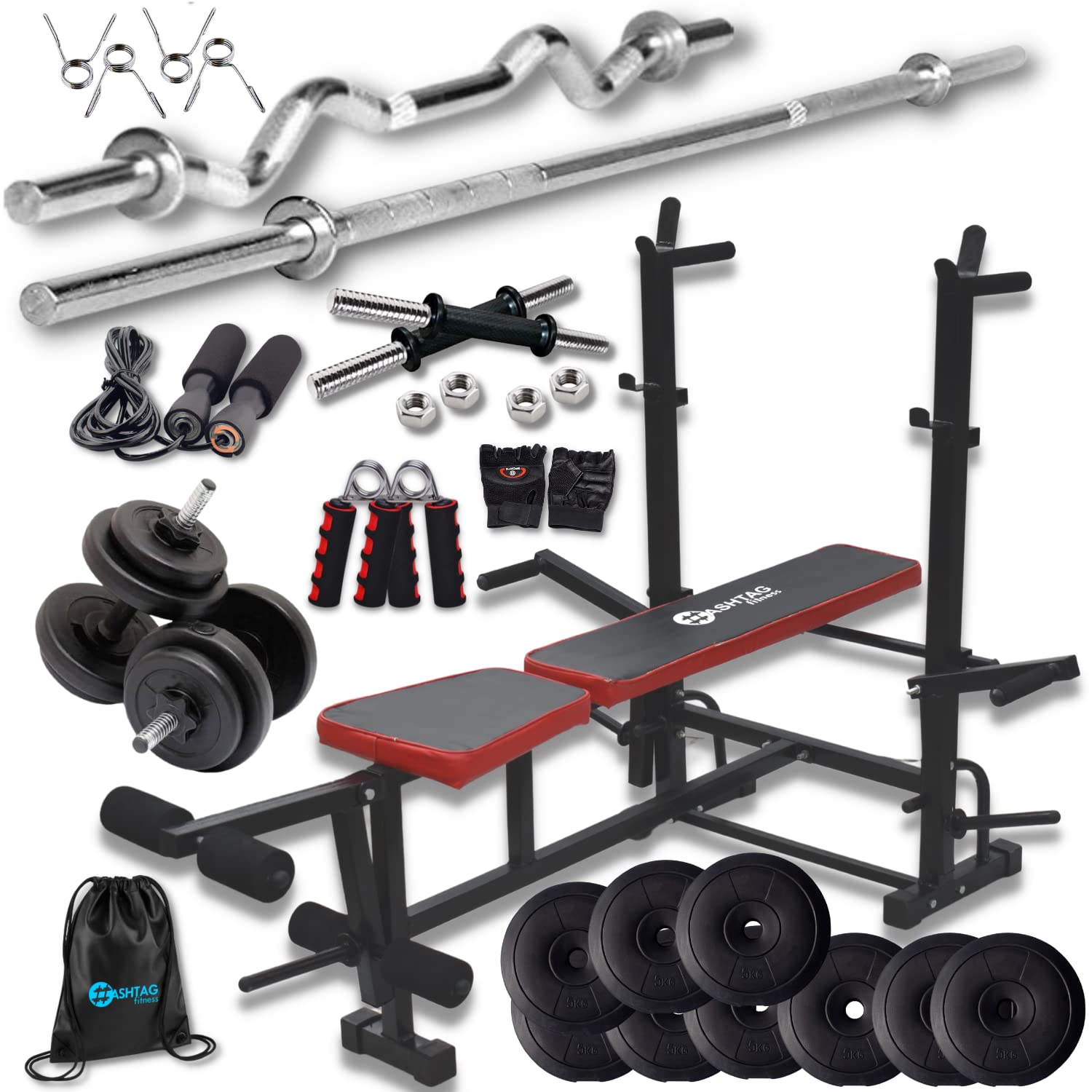 HASHTAG FITNESS 10kg to 60kg Gym Equipment Set for Home Workout Dumbbells  Set for Home Gym for Home with 8in1 Gym Bench for Home Workout